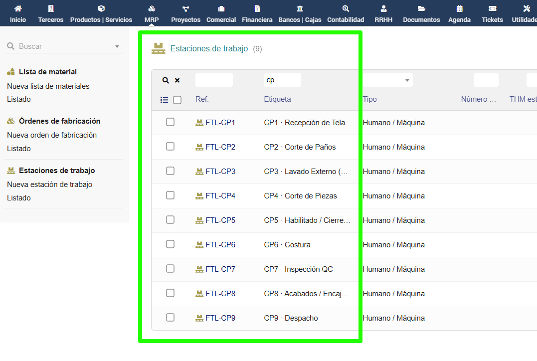 Estaciones de trabajo FTL-CP1 a FTL-CP9 en Dolibarr MRP